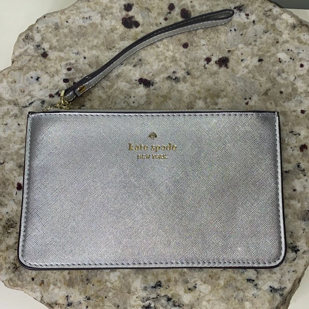 Kate Spade New York Metallic Silver 100% Cow Leather Beautiful Wrist Wallet